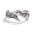 Detailed macro view of retro silver devil wing ring with intricate oxidized metal texture - Demon Wings / Adjustable Open / Antique Silver