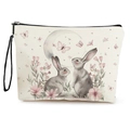Easter bunny canvas makeup bag with double-sided watercolor rabbit and floral prints - Double Bunnies with Pink Flowers (Style 2)