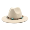 Detailed view of bohemian braided band with turquoise stones on wool felt fedora hat - M (56-58cm) / Beige