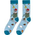 Detail of light blue crew socks featuring cartoon raccoon prints and dark teal trim - A1975-Light Blue Raccoon