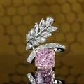 Elegant radiant cut pink diamond ring with leaf accents on polished silver band - Adjustable Open / Pink Ice Flower Cut