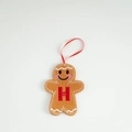 Gingerbread man felt ornament with red letter H embroidery and silk hanging ribbon - Letter H