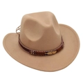 Detail of camel wool western hat with woven band, metal feather charm and red beads - Camel Cowboy (Gold Feather)