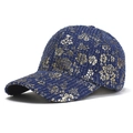 Vintage navy denim baseball cap with gold floral tweed pattern for women shown at 45-degree angle - Medium Denim
