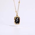 Vintage stainless steel rectangle necklace with golden frame and rose floral pendant - Magic Mirror Rose