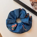 Dark blue double-layered floral scrunchie with pink blossoms and denim texture - Dark Blue Floral Scrunchie