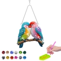DIY diamond painting kit with two colorful parrots and assorted craft tools on white background - Parrot