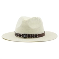 Detail of beige woven straw cowboy hat featuring brown leather band with silver studs - M (56-58cm) / Milk White
