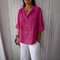 Camicia da donna in cotone e lino magenta con scollo a V e bottoni monopetto - 3XL / Rosso Rosa (8055# Stile a Triplo Bottone)