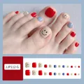 Red and blue press-on toenails with smiley face patterns, 24 piece set for DIY manicure - JJP112-G Red Blue Smiley Clash