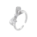 Macro detail of silver bow ring featuring micro-pave zircon stones and open adjustable band - VJ605-Classic Bow / White Gold