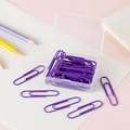 Purple coated metal paper clips set in a small transparent portable storage box - Purple