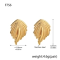 Detail view of 18K gold plated stainless steel wheat leaf earrings with size dimensions - Gold Wing Stud Earrings (F756)
