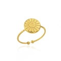 Anello aperto a spirale dorato con motivo a raggiera in rilievo su charm tondo - Stile intrecciato con motivo a sole (JZ4902G) / Oro