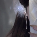 Exaggerated white feather earrings with long pearl tassels and sparkling rhinestones - White Long Pearl Tassel Ear Hook Left (6# Ear Hook-White-Left)