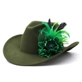 Close-up of dark green felt fedora hat featuring handcrafted satin flowers and feathers - Army Green