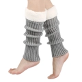 Detail of grey knitted leg warmers featuring cozy white faux fur trim on top edge - One Size / Light Gray