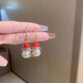 Festive Christmas snowman drop earrings with red enamel hat, crystals and pearls - White Snowman
