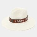 Dettaglio della fascia ricamata boho e pietra turchese su cappello di paglia - Taglia unica / Avorio