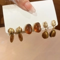 Set di 3 paia di orecchini a goccia in resina ambrata e finitura dorata stile vintage - Set di 3 paia (Perno in argento-Caffè)