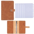 Brown A6 PU leather budget binder with 6-ring metal clips and clear PVC zipper bags - Brown + 6 Zipper Pockets