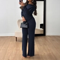 Elegant navy blue off-shoulder long sleeve wide-leg jumpsuit with waist pleats - S / Navy Blue