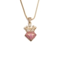 Detail of gold crown pendant with pink enamel heart and shimmering cubic zirconia stones - Gold/Pink