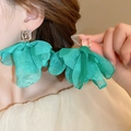 Teal fabric floral earrings with rectangular crystal studs for elegant vacation style - Lake Green Tulle Crystal Earrings (44#)
