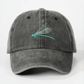 Close-up of the detailed dragonfly embroidery on washed dark grey cotton baseball cap - One Size / Black