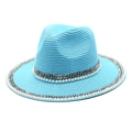 Detail of sky blue straw fedora featuring white faux pearls and silver cone stud trim - M (56-58cm) / Lake Blue