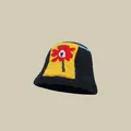 Black knit fisherman hat featuring a yellow artistic flower patch and thick texture - One Size / Single Flower Black