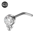 L-shaped G23 titanium nose stud with large round clear zircon and three small beads - Large Stone With Three Beads (Style 5 L-Shaped) / 0.8x7mm