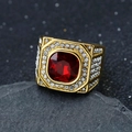 Macro shot of gold-plated men's ring with square red gemstone and micro-pave zircons - US 7 / Gold Red Stone