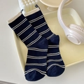 Navy blue and white striped cotton crew socks with ribbed texture and back heel pull tab - One Size / Blue Striped