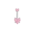 Navel piercing featuring pink heart-shaped cubic zirconia stones on silver bar - Double Heart Belly Ring