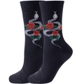 Mid-calf black socks featuring a unique snake and red rose pattern design for adults - Black Gold Silk Rose Snake