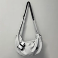 Light grey half-moon nylon sports bag with panda plush charm and adjustable strap - Gray + Panda