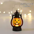 Macro view of vintage LED pumpkin lantern with warm yellow light for Halloween decor - Pumpkin Lantern C (Smile Face)
