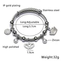 Adjustable stainless steel braided wire bracelet with crown and heart zircon charms - C-Steel Crown Style