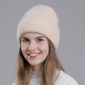 Women's warm knitted rabbit fur beanie in beige with classic vertical ribbed texture - Beige