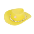 Mini yellow plastic cowboy hat with crystal chain and pink star for dolls - Yellow Cowboy Hat With White Rhinestone Chain