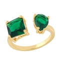 Adjustable golden ring with emerald green square and pear-cut zircon stones - Adjustable Open / Green