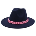 Detail of navy blue fedora with a bold pink chunky plastic chain accent band - Navy Blue