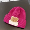 Rose red knitted beanie for kids featuring a cute plush cartoon bear patch decoration - LUCK Bear Rose Red