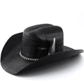 Black straw cowboy hat with geometric band and feather detail for beach and sun protection - M(56-58cm) / Black