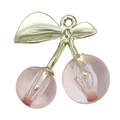 Translucent light pink cherry charm with gold metal leaves for DIY jewelry making - 1Pc KC Gold Transparent Light Pink Resin 3D Double Leaf Cherry (29x28mm)
