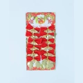 Detail of twelve red and gold tiered Christmas bows with Merry Christmas packaging text - Red and Gold