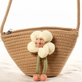 Mini borsa a tracolla in paglia marrone con girasole per vacanze estive al mare - Decorazione floreale 3D / Cachi