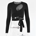 Detail of black long-sleeve crop top featuring irregular cutout and waist tie detail - S / Black