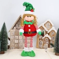 Close-up of a Christmas elf plush with red and green sequins and striped telescopic legs - Retractable Elf Girl